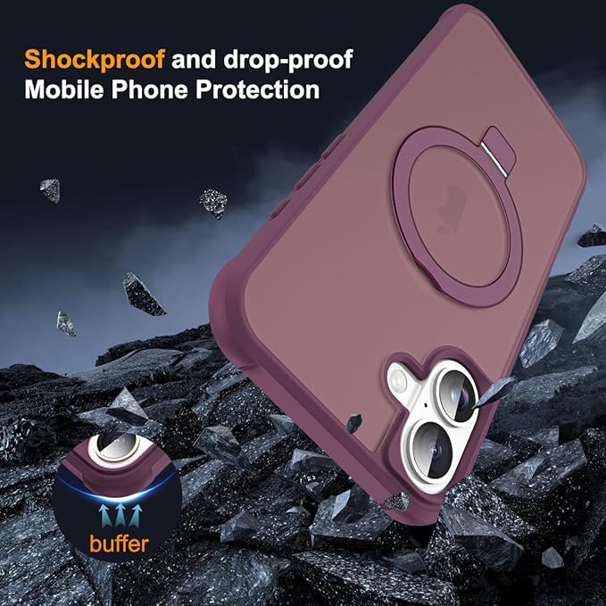 Compatible with iPhone 16 Case with Invisible Magnetic O-Ring Stand Military-Grade Translucent Case for iPhone 16 6.1" [Compatible with Mag-Safe][Great Grip Feeling], Wine Red