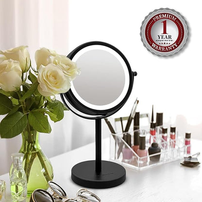 OVENTE 6" Lighted Makeup Mirror with 1X/7X Magnification, Cordless Tabletop Mount Vanity Round Mirror with 360° Swivel Design and Double Sided Cool Tone LED Ring Light, Matte Black MLT60B1X7X