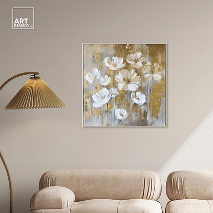 Art Remedy Golden Daisies Canvas Elegant White Gold Wall Art, Silver Frame, 30" x 30"
