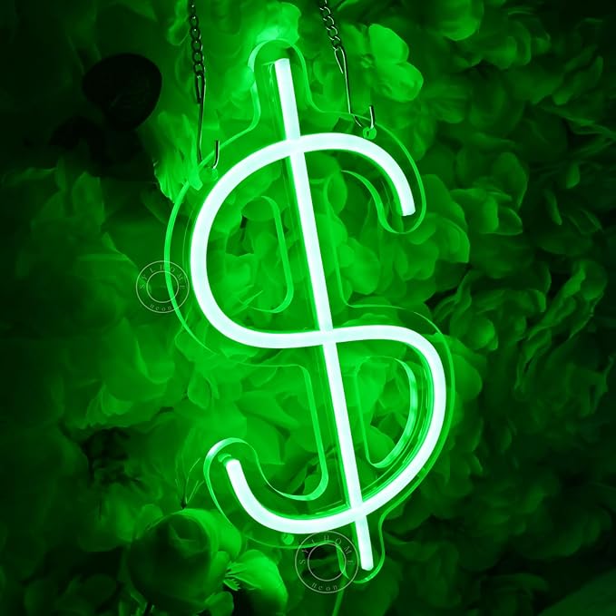 SYLHOME Dollar $ LED Neon Light Sign Money Home Bedroom Game Room Business Pub Store Bar Shop Office Wall Decor Sign Birthday Decor 5V USB Green 11.81" X 6.3"