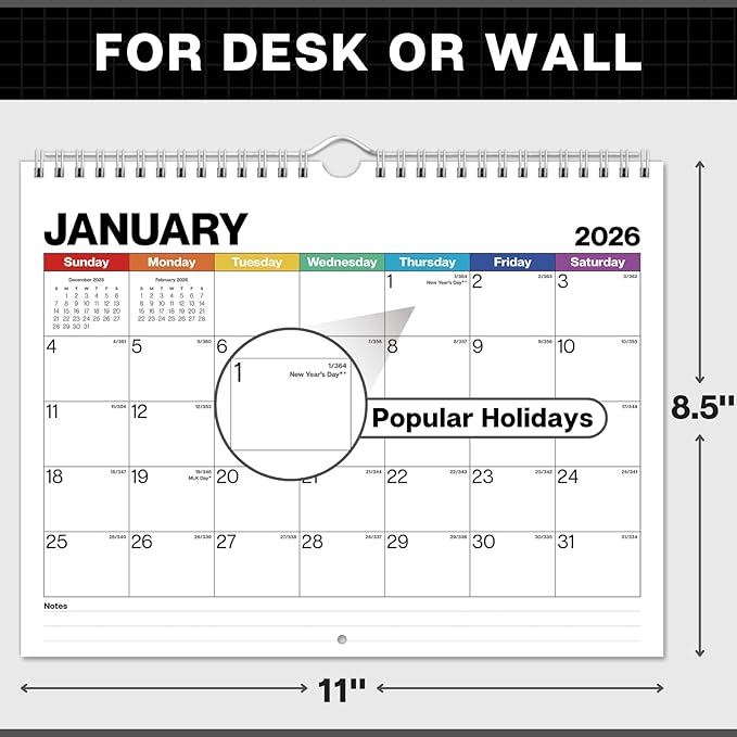 Dunwell 8.5x11" Wall Calendar 2026 (Colorful), Use January to December 2026, Hang on Wall or Use as 8.5 x 11 Office Desk Calendar