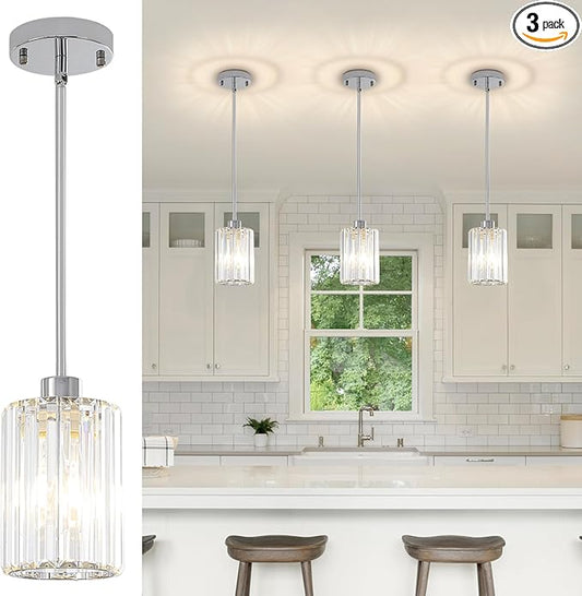 Chrome Pendant Lights for Kitchen Island, 3 Pack Modern Crystal Pendant Light Fixtures, Mini Kitchen Hanging Lights for Dining Room, Hallway, Foyer, Entryways