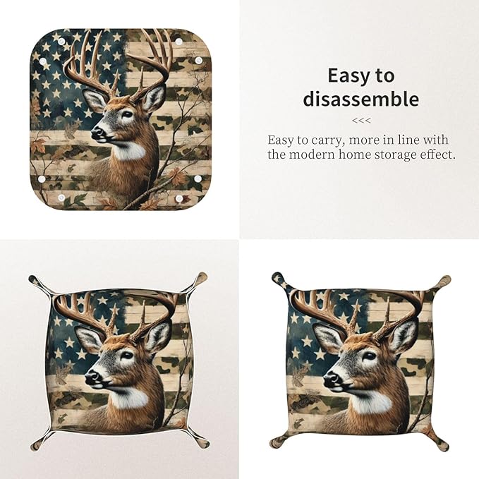 Valet Tray for Men Husband Boyfriend Boys – Catchall Bedside Vanity Tray, Nightstand Caddy Leather Holder for Keys, Phone, Wallet, Coins, Trinkets & Jewelry Camo Leaf Deer American Flag 001