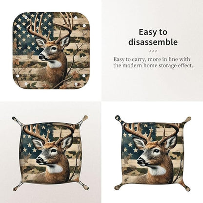 Valet Tray for Men Husband Boyfriend Boys – Catchall Bedside Vanity Tray, Nightstand Caddy Leather Holder for Keys, Phone, Wallet, Coins, Trinkets & Jewelry Camo Leaf Deer American Flag 001