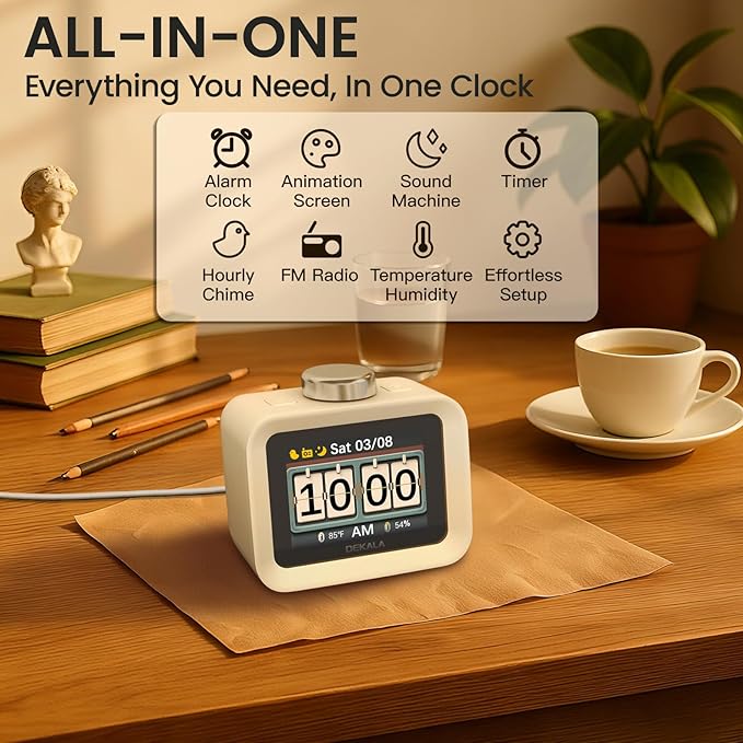 Dekala ChronoSense Alarm Clock for Bedroom Temperature Humidity, 7-Day Programmable 4 Alarms, 100dB Loud Gradual Alarm for Heavy Sleeper, Visual Timer Clock Radio，White Noise Sound Machine