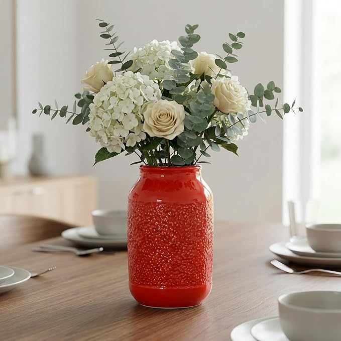 Red Ceramic Vase for Home Decor - 9 Inch Boho Modern Flower Vase for Pampas Grass, Pottery Decorative Vases for Centerpiece, Living Room, Mantle, Bookshelf, Table Decor