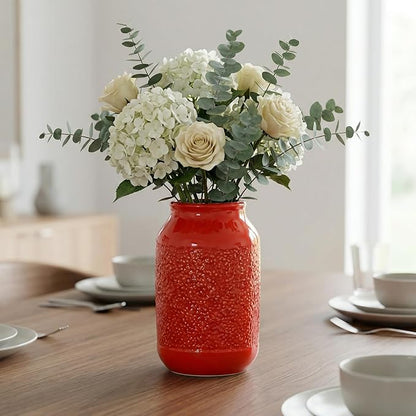 Red Ceramic Vase for Home Decor - 9 Inch Boho Modern Flower Vase for Pampas Grass, Pottery Decorative Vases for Centerpiece, Living Room, Mantle, Bookshelf, Table Decor