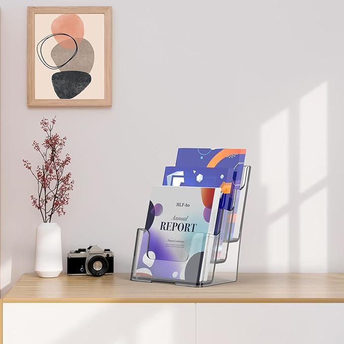 Brochure Holder 6x9 Inch 3 Tier Acrylic Literature Holders Clear Plastic Flyer Display Stand Countertop Use or Wall Mount Pamphlet Holder Organizer for Office, Lobby, Hotel, Trade Show, 2 Pack