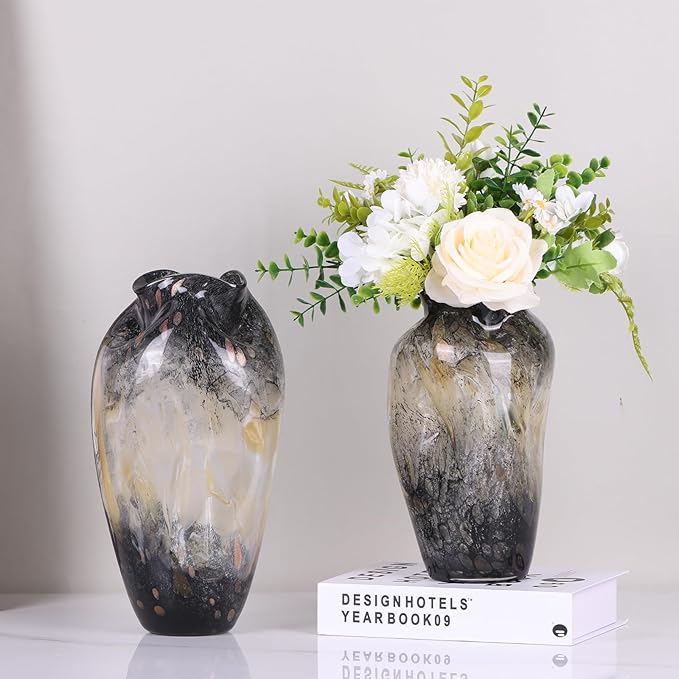Abstract Art Hand Blown Glass Vase, Black Smoke Glass Vase for Flowers, Elegant Wide Mouth Glass Vase for Centerpieces, Vintage Glass Farmhouse Vase, Unique Modern Vase Decor for Home