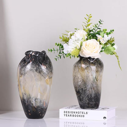 Abstract Art Hand Blown Glass Vase, Black Smoke Glass Vase for Flowers, Elegant Wide Mouth Glass Vase for Centerpieces, Vintage Glass Farmhouse Vase, Unique Modern Vase Decor for Home