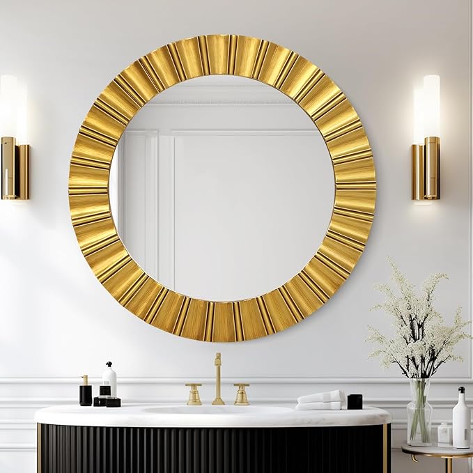 Round Gold Mirrors for Wall Decor 26 Inch, Art Deco Mirror for Bathroom With Geometric Frame, Gold Circle Mirrors Entryway Mirrors for Wall, Modern Wall Mounted Mirror for Bedroom, Living Room