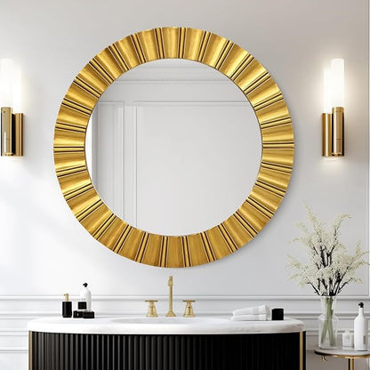 Round Gold Mirrors for Wall Decor 26 Inch, Art Deco Mirror for Bathroom With Geometric Frame, Gold Circle Mirrors Entryway Mirrors for Wall, Modern Wall Mounted Mirror for Bedroom, Living Room