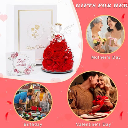 Beferr Valentines Day Rose Gifts for Her Women Mom Gifts for Birthday, Fresh Flowers for Delivery Prime Forever Preserved Rose in Glass Angel Figurine, for Grandma Wife Kids Daughter