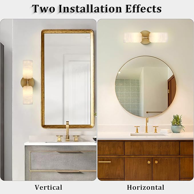 Alabaster Wall Sconces Set of 2, 14in Modern Spanish Natural Marble Vanity Light, Dimmable Hardwired Brass Gold Wall Sconce Lighting for Bathroom Mirror, Bedroom, Luxury Natural Stone Wall Fixtures
