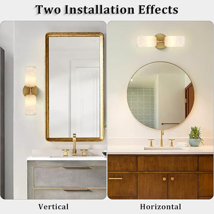 Alabaster Wall Sconces, 14" Modern Spanish Natural Marble Vanity Light, Dimmable Hardwired Brass Gold Wall Sconce Lighting for Bathroom Mirror, Bedroom, Living Room, Luxury Natural Stone Wall Fixtures