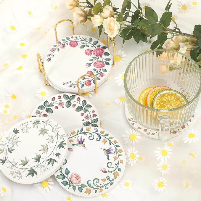 Ceramic Coasters Set of 6 with Holder, Wreath Style, Absorbent Drink Coaster Set for Home Decor, Cups, Mugs and Glasses (Sage Green Floral Wreath)