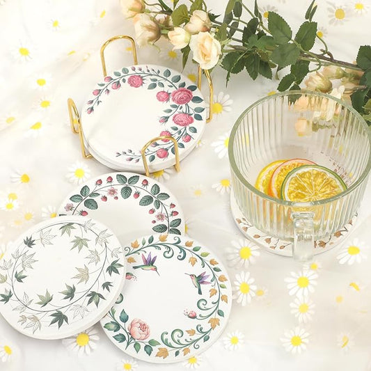Ceramic Coasters Set of 6 with Holder, Wreath Style, Absorbent Drink Coaster Set for Home Decor, Cups, Mugs and Glasses (Sage Green Floral Wreath)