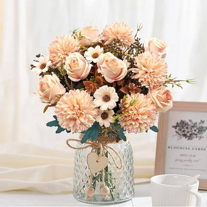 3 Pcs Fall Flowers Artificial Mums Silk Fake Mums Bouquet Faux Floral Arrangements Home Indoor Outdoor Planter Decor Party Wedding Table Autumn Decoration (Champagne)