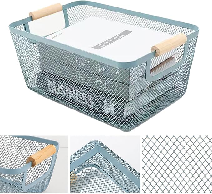 Metal Mesh Steel Basket, Small Wire Storage Organizer Baskets Multi-function Hanging Kitchen Basket with Wood Handle for Kitchen Bathroom Picnic Home, Rectangle-Blue
