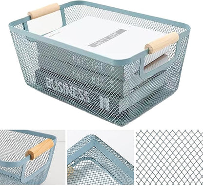 Metal Mesh Steel Basket, Small Wire Storage Organizer Baskets Multi-function Hanging Kitchen Basket with Wood Handle for Kitchen Bathroom Picnic Home, Rectangle-Blue