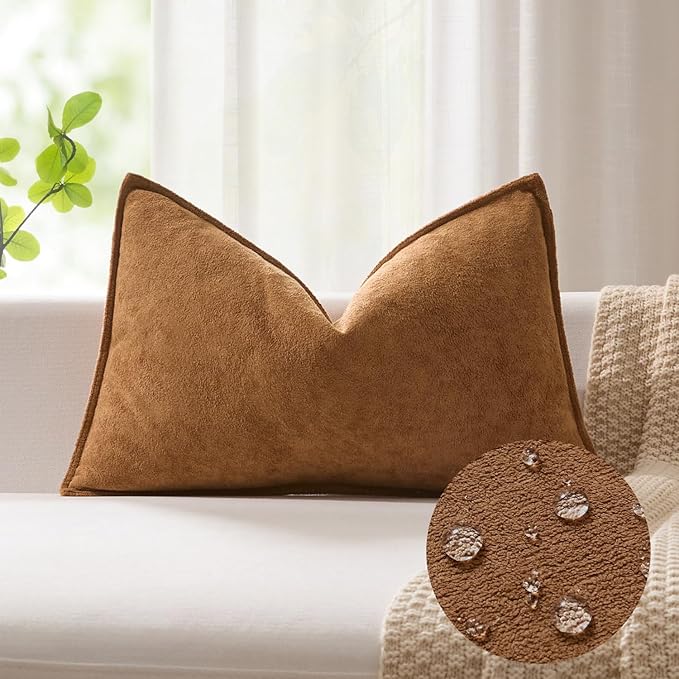 Kevin Textile 12x24 Inch Lumbar Pillow Cover 1 Pack Soft Boucle Textured Decorative Waterproof Rectangle Cushion Elegant Accent Pillow for Couch Sofa Chair Bed Home Decor Indoor Outdoor Brown