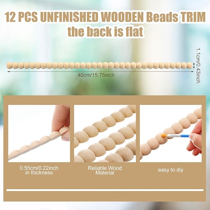 Nuanchu 12 Pcs Decorative Beaded Wood Trim Molding Half Wooden Beads Bobbin Trims 15.75 Inch Unfinished 3D Pearl Paintable Wood Molding for DIY Crafts Home Wall Cabinet Shelf Window Door (11 mm)