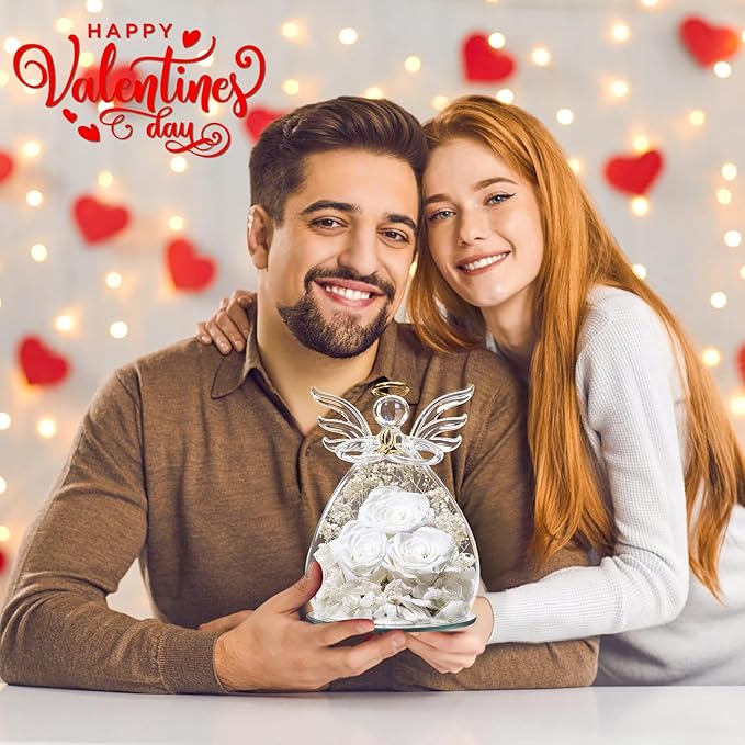 Beferr Valentines Day Rose Gifts for Her Women Mom Gifts for Birthday, Fresh Flowers for Delivery Prime Forever Preserved Rose in Glass Angel Figurine, for Grandma Wife Kids Daughter