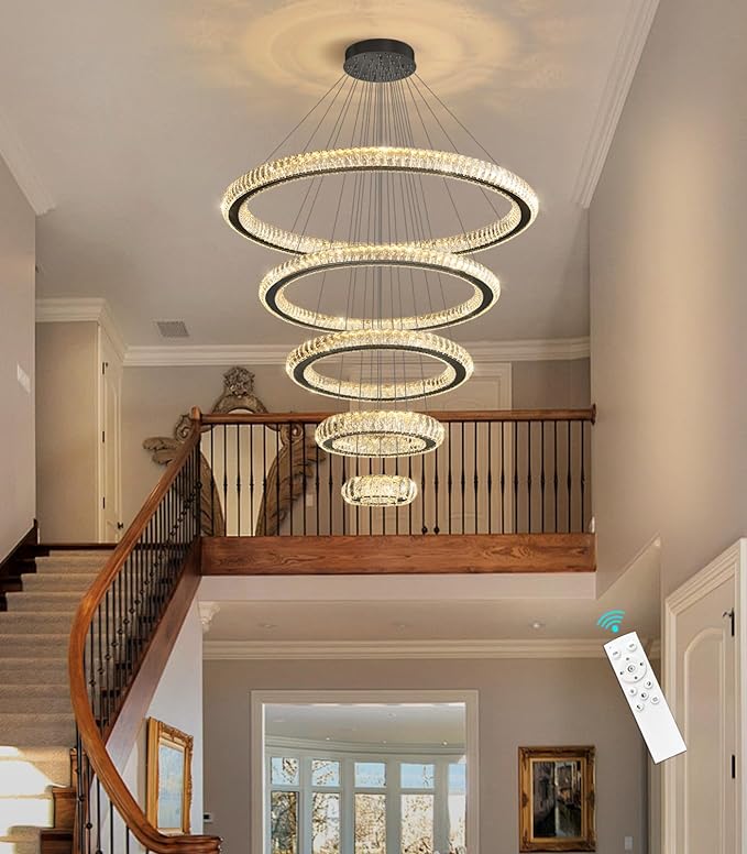 Modern Chandelier 8"+16"+24"+32"+40" 5 Rings Crystal LED Dimmable Lighting Foyer Entryway High Ceiling Living Room Chanderliers Pendant Lights Fixtures Black Light