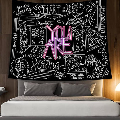 Quote You Are Tapestry Inspirational Wall Art Wall Hanging Positive Saying Classroom Tapestries for Teen Girl Bedroom Dorm 50 * 60 Inches (Black)