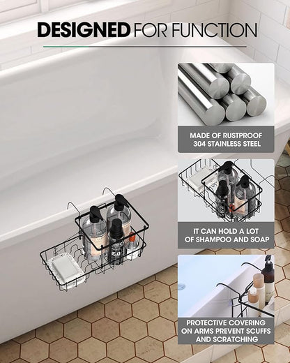 Rustproof Hanging Shower Caddy for Bathtub, Stainless Steel Shower Caddy for Tub Side, Hanging Shower Organizer Basket for Shampoo, Conditioner, Soap & Bath Accessories, Easy Install, Matte Black