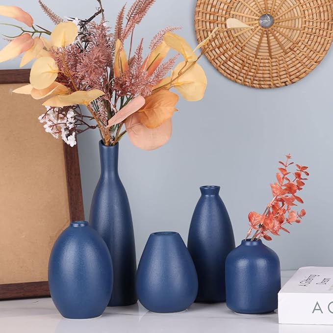 Blue Ceramic Vase - Set of 5 Blue Bud Vases, Modern Farmhouse Navy Blue Decorative Vases for Home, Office, Living Room, Table Decor - Ideal Centerpieces for Flowers, Shelf and Fireplace Accents