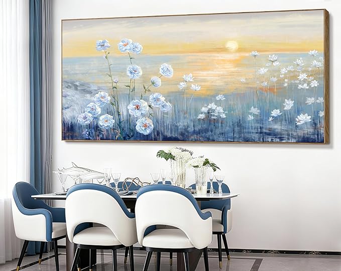 Nicetop Oversized Ocean Sunset Framed Wall Art for Living Room Extra Large Coastal Beach White Flowers Canvas Print Blue Sea Natural Scenery Picture Calm Warm Seaside Artwork for Home Office 86x39inch
