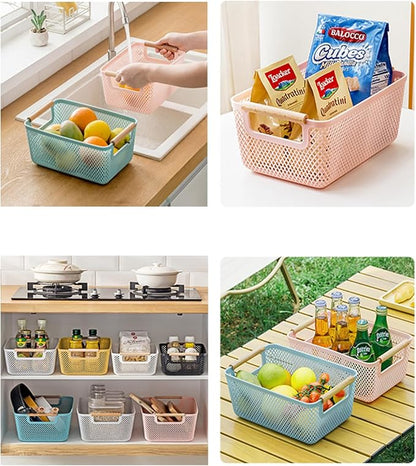 Metal Mesh Steel Basket, Large Wire Storage Organizer Basket Multi-function Hanging Kitchen Baskets with Wood Handle for Kitchen Bathroom Picnic Home, Rectangle-Pink