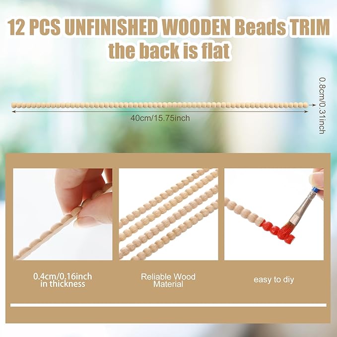 Nuanchu 12 Pcs Decorative Beaded Wood Trim Molding Half Wooden Beads Bobbin Trims 15.75 Inch Unfinished 3D Pearl Paintable Wood Molding for DIY Crafts Home Wall Cabinet Shelf Window Door (8 mm)