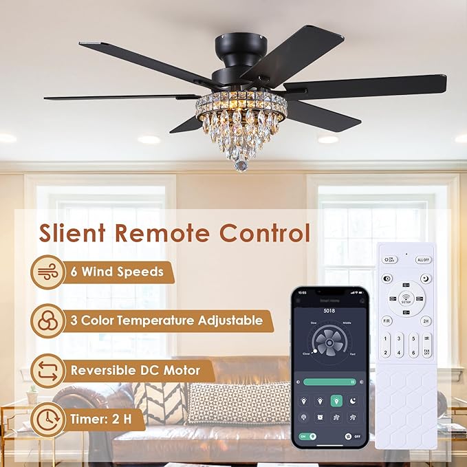 Asyko Chandelier Ceiling Fan -52" Crystal Ceiling Fan- Fandelier Fan Light Black with Remote, Silent Reversible Motor, Dual-Sided 6 Blades, 3 Speed, Timer, Indoor Fan Ceiling