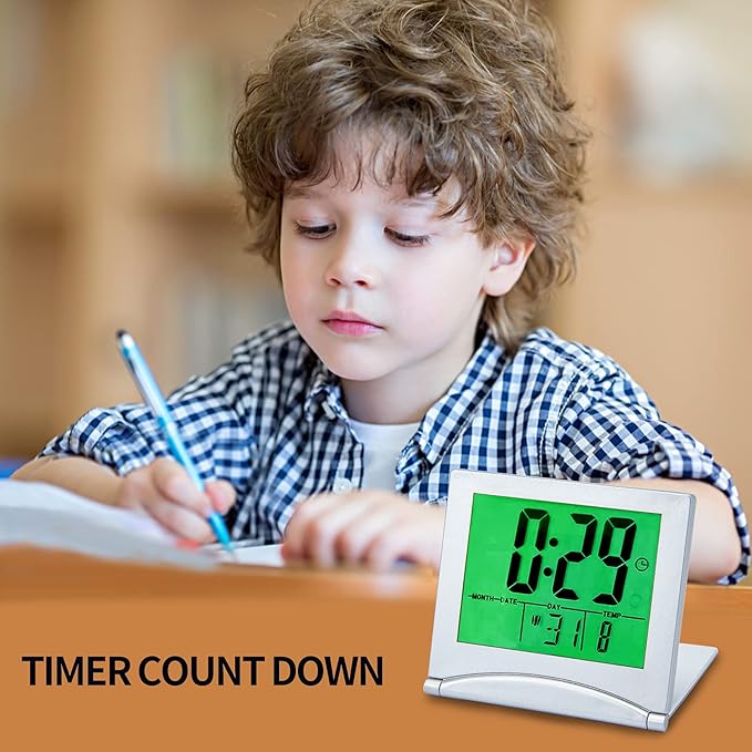 Small Digital Travel Alarm Clock Battery Operated, Portable LCD Large Display Alarm Clock with Backlight, Temperature Desk Clock -Silver(Green Light)
