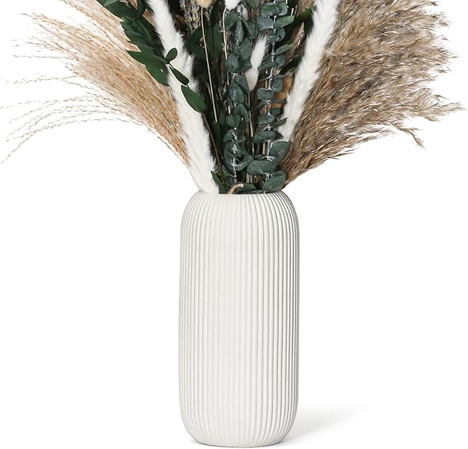 Bohemian White Ceramic Vase - for Pampas Grass, Mantel, Bookshelf, Entryway and Living Room Decor (White, 8in-Pill)