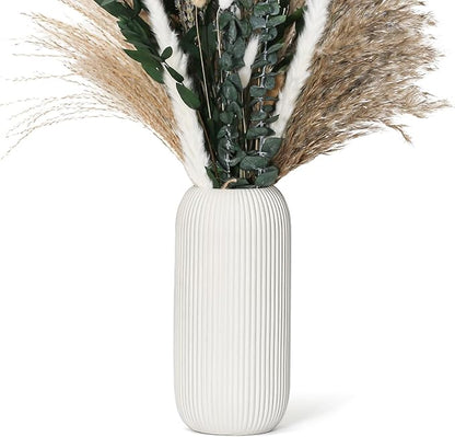 Bohemian White Ceramic Vase - for Pampas Grass, Mantel, Bookshelf, Entryway and Living Room Decor (White, 8in-Pill)