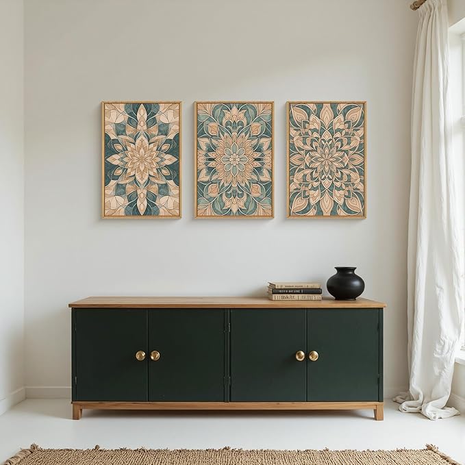 HLNIUC Large Mandala Flower Wall Art Set of 3, Green Scandinavian Botanical Framed Wall Decor(24x36),Norwegian Folk Art Canvas, Bohemian Mexican Vintage Plant Print for Living Room, Bedroom, Office