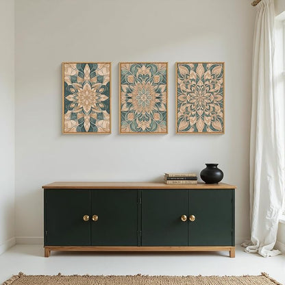 HLNIUC Mandala Flower Wall Art Set of 3, Green Scandinavian Botanical Framed Wall Decor(16x24),Norwegian Folk Art Canvas, Bohemian Mexican Vintage Plant Print for Living Room, Bedroom, Office