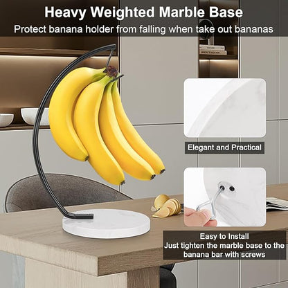 Livabber Banana Holder with Marble Base, Metal Banana Hanger Modern Tree Stand with Hook, Stylish Banana Keeper Fresh Fruit Storage Organizer Freestanding for Kitchen Countertop (Black, Single Hook)