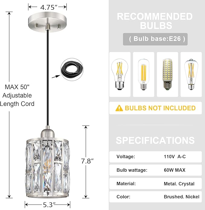 3 Pack 1 Light 5.3" Crystal Hanging Kitchen Island Pendant Light Brushed Nickel Finish,Concise Pendant Fixture Crystal Plate Metal Shade for Bar,Dining Room,Living Room Over Sink