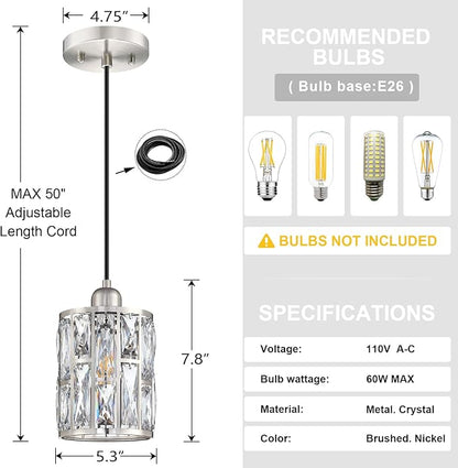 3 Pack 1 Light 5.3" Crystal Hanging Kitchen Island Pendant Light Brushed Nickel Finish,Concise Pendant Fixture Crystal Plate Metal Shade for Bar,Dining Room,Living Room Over Sink