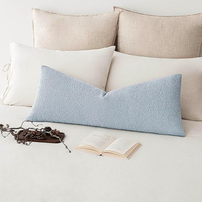 Foindtower Decorative Textured Boucle Throw Pillow Covers Accent Solid Pillow Cases Neutral Long Body Lumbar Couch Cushion Case for Chair Sofa Bedroom Living Room Home Decor 14x36 Inch,1PC,Light Blue