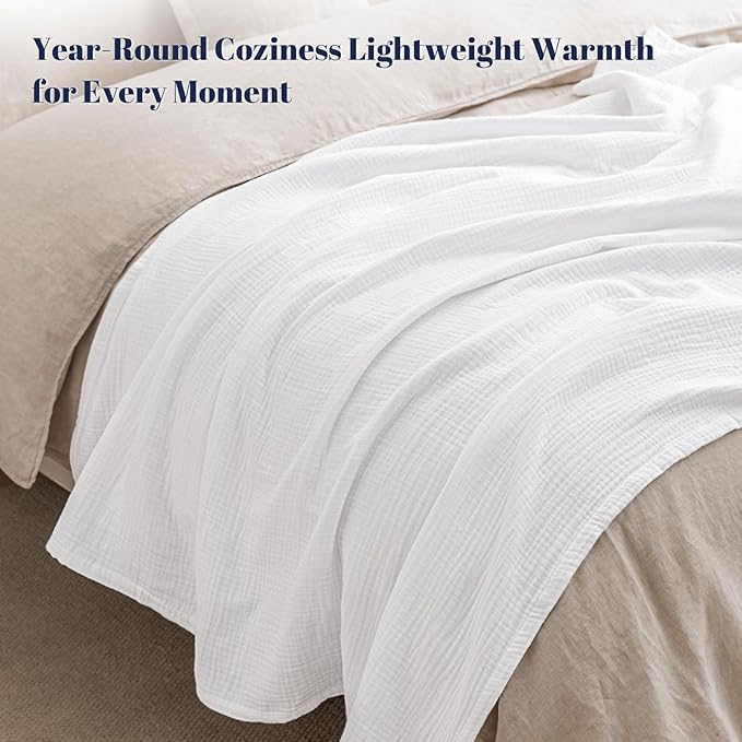 PHF 100% Cotton Muslin Blanket Queen Size 90"x90", 4-Layer Lightweight Gauze Throw, Breathable Cloud-Soft Minimalist Blanket for Bed, Couch, Camping & Baby, White, Ideal Gift