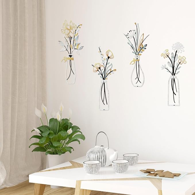 Buseeau 4Pcs Metal Flowers Wall Arts, Rustic Farmhouse Wall Decor Set, Bathroom Wall Art & Metal Wall Art with Included Nails for Bathroom Living Room Dining Room Bedroom, Housewarming Gifts