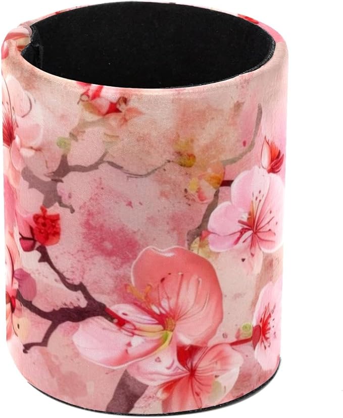 Pen Holder for Desk, Pink Cherry Blossoms Japanese Pattern Round Leather Stand Pencil Cup Office Desk Organizer for Women Men Teachers, 3.9 x 3.9 x 3.1 inches