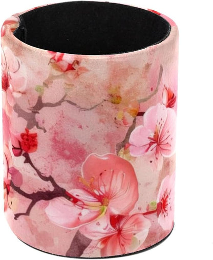 Pen Holder for Desk, Pink Cherry Blossoms Japanese Pattern Round Leather Stand Pencil Cup Office Desk Organizer for Women Men Teachers, 3.9 x 3.9 x 3.1 inches