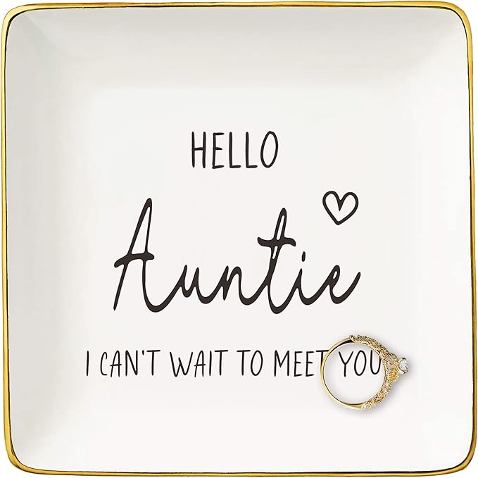 NZY Surprise Gifts for Aunt,Sister,Friends-Baby Reveal Gifts-Christmas Gift-Promoted to Aunt-Pregnancy Announcement Present-Jewelry Tray Trinket Holder Ring Dish-Hello Auntie I Can't Wait To Meet You