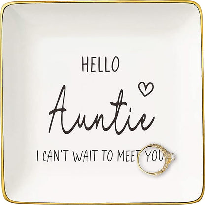 NZY Surprise Gifts for Aunt,Sister,Friends-Baby Reveal Gifts-Christmas Gift-Promoted to Aunt-Pregnancy Announcement Present-Jewelry Tray Trinket Holder Ring Dish-Hello Auntie I Can't Wait To Meet You